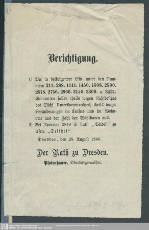 1866: Liste der wählbaren Stimmberechtigten bei der Landtagswahl der Stadt Dresden