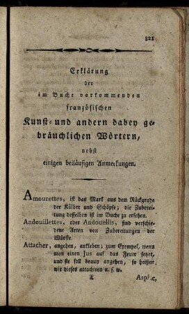 Erklärung der im Buche vorkommenden französischen Kunst- und andern dabey gebräuchlichen Wörtern, ...