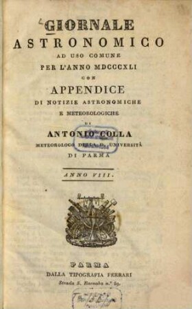 Giornale astronomico ad uso comune per l'anno ... : con appendice di notizie astronomiche e meteorologiche, 8. 1841