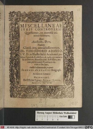 Miscellaneae Iuris Controversi Quaestiones, ex materia criminali desumptae