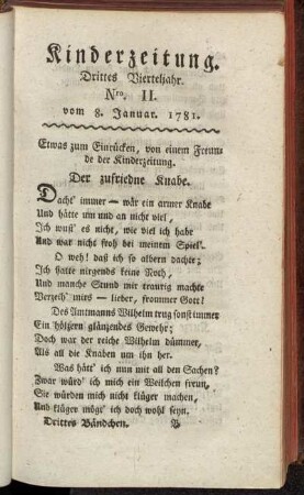 Kinderzeitung. Drittes Vierteljahr. Nro. II. vom 8. Januar 1781.