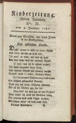 Kinderzeitung. Drittes Vierteljahr. Nro. II. vom 8. Januar 1781.