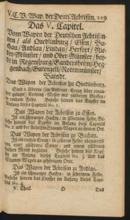 Das V. Capitel. Vom Wapen der Deutschen Aebtißinnen/ als Quedlinburg/ Essen/ Buchau/ Andlau/ Lindau/ Herfort/ Nieder-Münster/ und Ober-Münster/ beyde in Regenspurg/ Gandersheim/ Heggenbach/ Gutenzell/ Rotenmünster/ Baindt