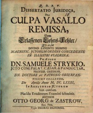 Diss. iur. de culpa vasallo remissa