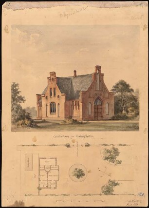 Leichenhaus, Kellinghusen: Lageplan; Grundriss Erdgeschoss; perspektivische Ansicht