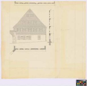 [unbekanntes Gehöft]. - [Wohnhaus] (Giebel-Ansicht, Giebel-Grundriss). - [unbekannte Wand] (Höhenschnitt). - [unbekannte Wand] (Grundriss). - Einfahrt (isometrische Darstellung)