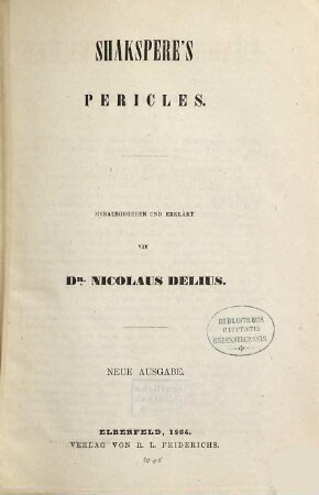 Shakspere's Werke, 7. Pericles. Poems. Biographische Nachrichten. Index