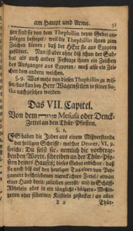 Das VII. Capitel. Von dem ... Mesusa oder Denck-Zettel an den Thür-Pfosten
