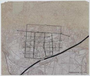 Bandstadt Karlsruhe-Superkarlsruhe, Internationaler städtebaulicher Ideenwettbewerb (nicht realisiert) – Lageplan mit Verkehrssystem. Karlsruhe