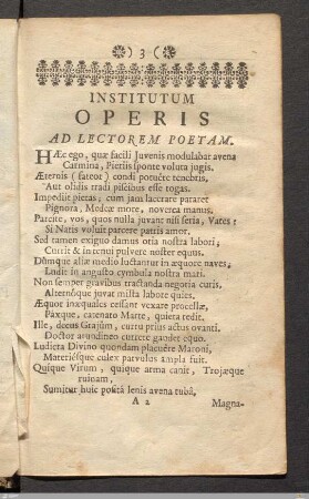 Institutum Operis. Ad Lectorem Poetam.