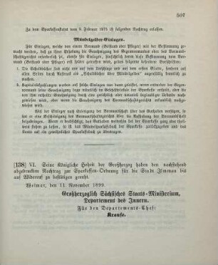 138. Ministerial-Bekanntmachung, betreffend einen Nachtrag zur Sparkassen-Ordnung für die Stadt Ilmenau