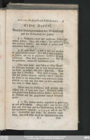 Erstes Kapitel. Von den Anfangsgründen der Rechenkunst und der Erkenntniß der Zahlen.