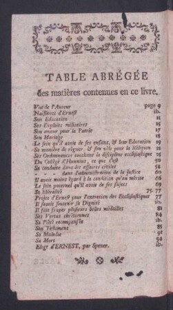 Table Abrègèe des matières contenues en ce livre