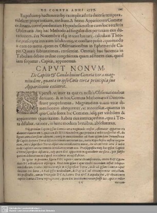 Caput Nonum. De Capitis & Caudae huius Cometae vera magnitudine, quanta in ipso Coelo circa principia suae Apparitionis extiterit