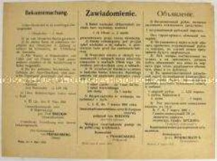 Bekanntmachung zur Festlegung des Umtauschkurses für Rubel in der besetzten Stadt Minsk (deutsch, polnisch, russisch)