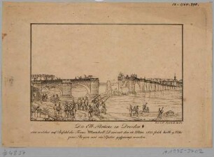 Soldaten vor der von Franzosen am 19. März 1813 gesprengten Elbbrücke (alte Augustusbrücke) in Dresden