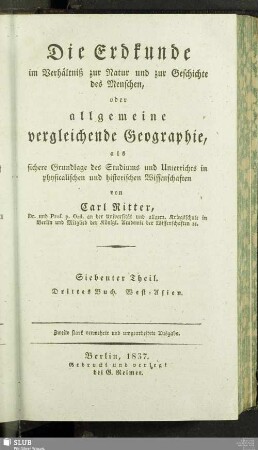 7,3: Die Erdkunde von Asien : Band V. Drittes Buch. West-Asien; Uebergang von Ost- nach West-Asien