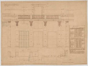 Thiersch, Friedrich von; Wiesbaden; Kurhaus - Nordwand, Wandelhalle (Grundrisse, Ansicht, Schnitt, Bruchzettel)
