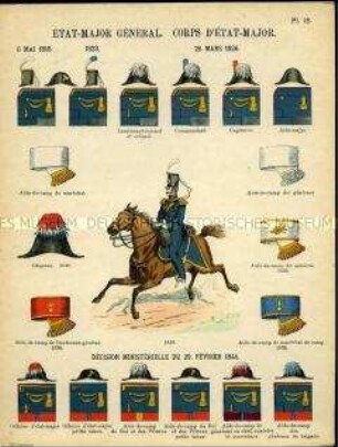 Uniformdarstellung, Detailstudien von Hüten, Abzeichen und Schärpen verschiedener Offiziere des Generalstabs, Frankreich, 1818/1844.