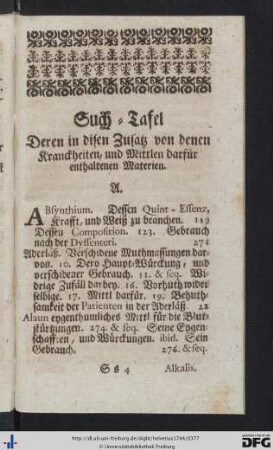 Such-Tafel deren in disen Zusatz von denen Kranckheiten, und Mittlen darfür enthaltenen Materien.