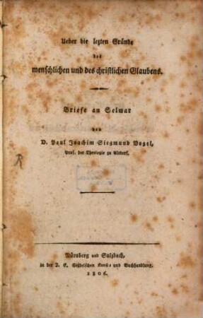Über die letzten Gründe des menschlichen und des christlichen Glaubens