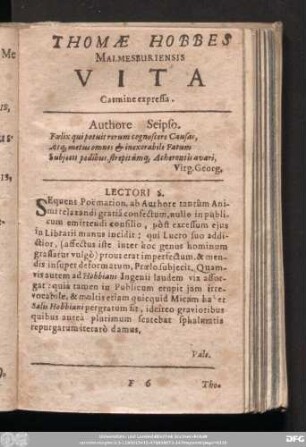 Thomae Hobbes Malmesburiensis Vita Carmine expressa.