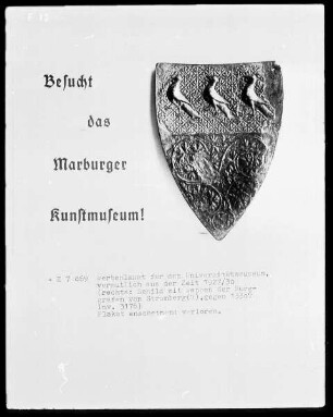 Werbeplakat für das Universitätsmuseum in Marburg mit Schildwappen der Burggrafen von Stromberg
