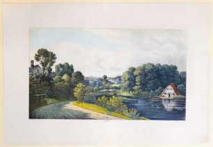 Blick von der Gloriette auf Park mit See und Fischerhütte, Tafel XVII der "Andeutungen über Landschaftsgärtnerei"
