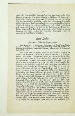 Kurt Hassert. Kamerun: Wirtschaftsgeographie