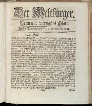 Neun und vierzigstes Blatt. Berlin, Donnerstags den 4. Januarius 1741.