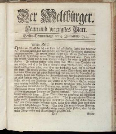 Neun und vierzigstes Blatt. Berlin, Donnerstags den 4. Januarius 1741.
