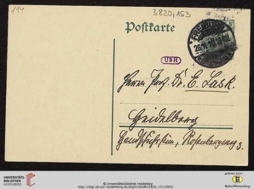 Heid. Hs. 3820,153: Karte von Heinrich Rickert an Emil Lask