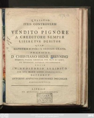 Qvaestio Ivris Controversi An Vendito Pignore A Creditore Semper Liberetvr Debitor