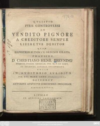 Qvaestio Ivris Controversi An Vendito Pignore A Creditore Semper Liberetvr Debitor