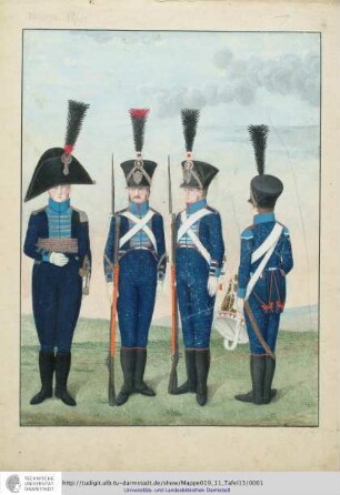 Abbildung Des Gros[s]herzoglich Hessischen Militair. [Tafel 13: Leib-Regiment; Subaltern-Offizier, Sergeant, Gemeiner der 8. Kompanie und ein Tambour]. S.l.e.a. [ca. 1813/14]
