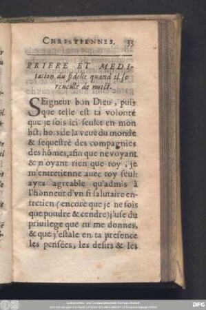 Priere Et Meditation du fidelle quand il se réueille de nuict.