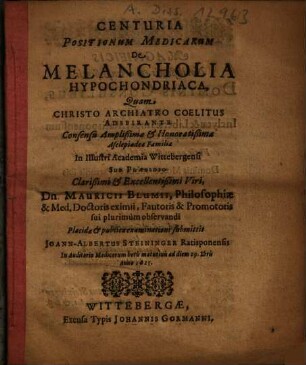 Centuria Positionum Medicarum De Melancholia Hypochondriaca