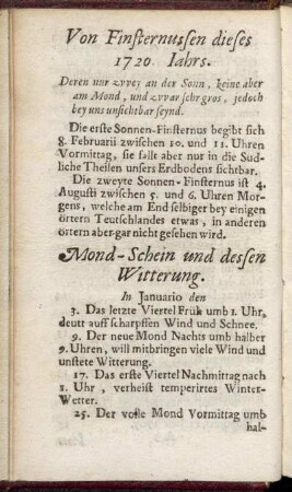 Von Finsternussen dieses 1720. Jahrs. - Mond-Schein und dessen Witterung.
