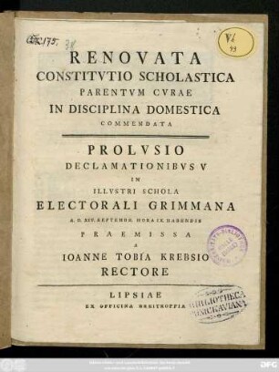 Renovata Constitvtio Scholastica Parentvm Cvrae In Disciplina Domestica Commendata