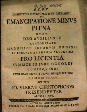 Dissertatio Inavgvralis Ivris Germanici De Emancipatione Minvs Plena