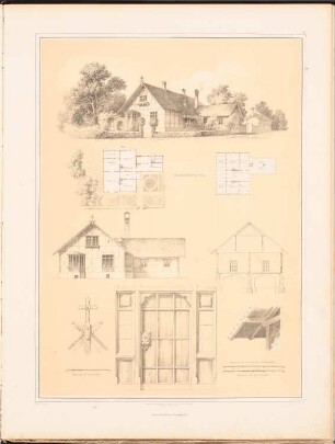 Pfarrwohnung: Perspektivische Ansicht vom Hof, EG, 1. OG, Ansicht, Querschnitt, drei Details (aus: Entwürfe zu Kirchen, Pfarr- und Schulhäusern, hrsg. von der Kgl. Preuß. Oberbaudeputation, 1845-1855)