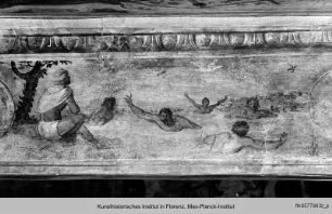 Deckendekoration : Deckenstreifen mit der Personifikation der Amicitia, einer Pergola und der Personifikation der Fama