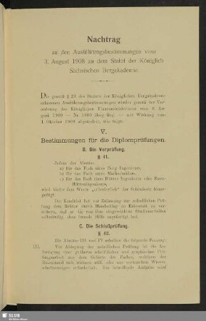 Nachtrag: Ausführungsbestimmungen zum Statut der Königlich Sächsischen Bergakademie zu Freiberg