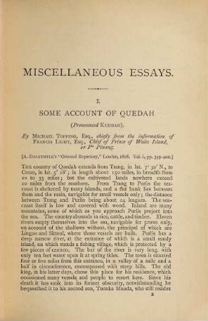 Miscellaneous Papers relating to Indo-China : Reprinted for the Straits Branch of the Royal Asiatic Society. From Dalrymple's "Oriental Repertory", and the "Asiatic Researches" and "Journal" of Asiatic Society of Bengal, I,1