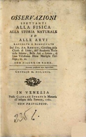 Osservazioni spettanti alla fisica, alla storia naturale ed alle arti. 1780, Jan.