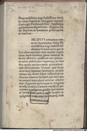 De cometa anni 1472 : mit Widmungsvorrede des Autors an Johann von Aragonien und Nachwort, 1.3.1472