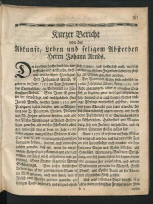 Kurzer Bericht von der Abkunft, Leben und seligen Absterben Herrn Johann Arnds.