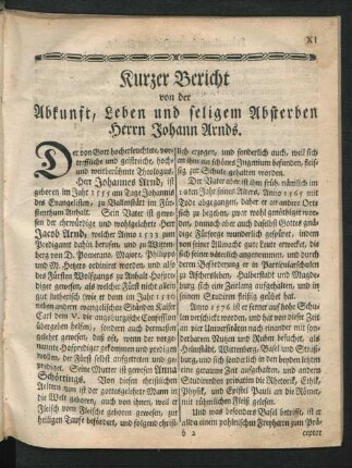 Kurzer Bericht von der Abkunft, Leben und seligen Absterben Herrn Johann Arnds.