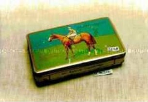 Blechdose für 50 Stück "Epirus-Cigaretten, WALTER - STOLZING" (Abbildung eines Pferdes mit Reiter)