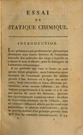 Essai de statique chimique, 1